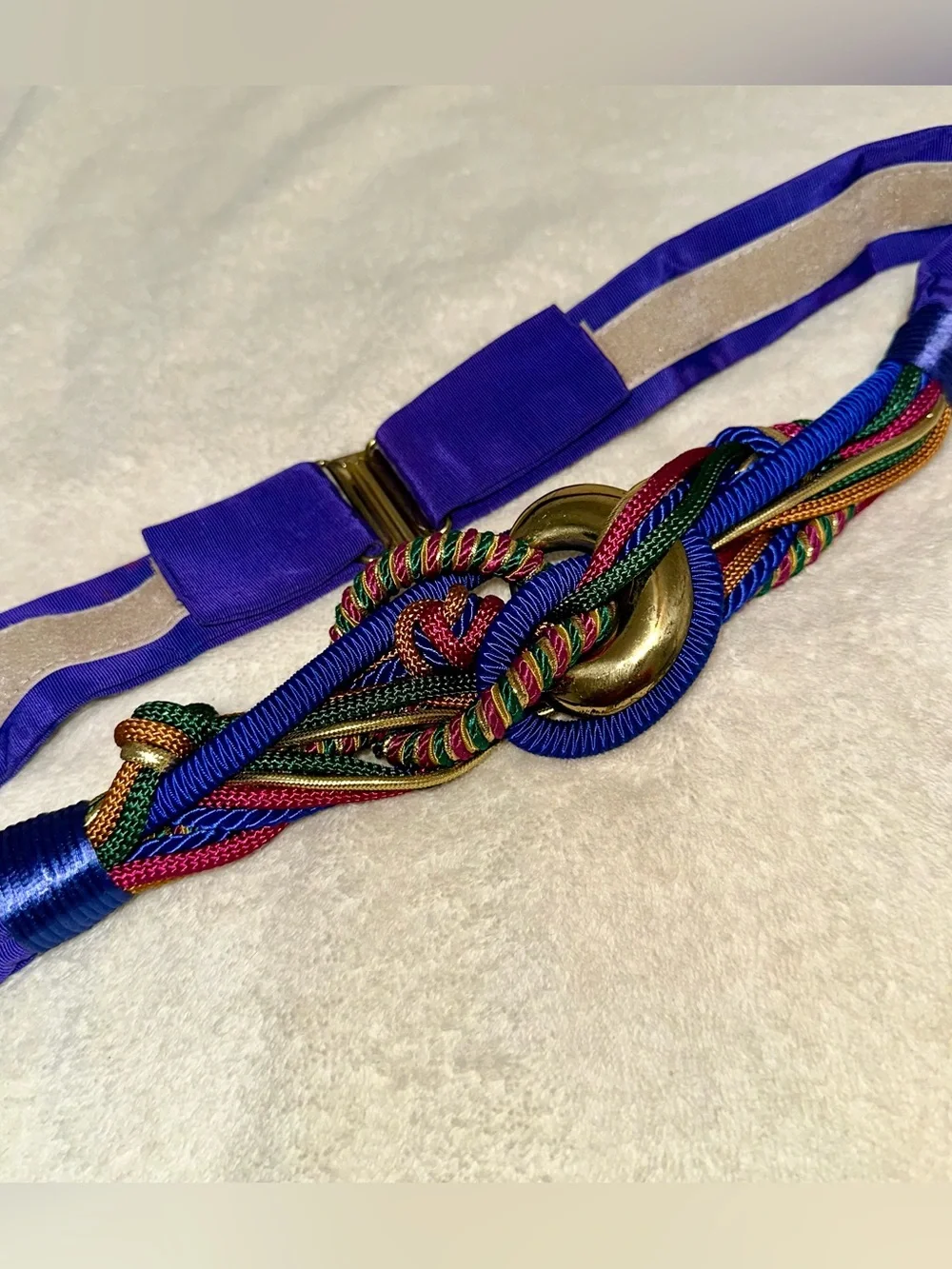 Vintage 80s Braided Rope Belt Royal Blue Gold Adjustable Waist Cinch Belt